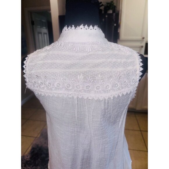 Anthropologie Blue Pepper Sleeveless White Boho Tunic Top Lace Mandarin Collar C - Picture 4 of 11